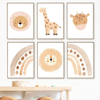 Boho Girafa Leão Arco-Íris Viveiro De Pôsteres E Impressões De Cotações Arte De Parede Tela De Pintura De Parede Dos Desenhos Animados Fotos De Bebê, Decoração De Quarto De Crianças