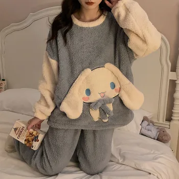 Kawaii Sanrios Outono Inverno Coral De Veludo Pijama Mulheres Grossa Quente Solta Homewear Conjunto De Anime Cinnamoroll Bonito Dos Desenhos Animados Presente