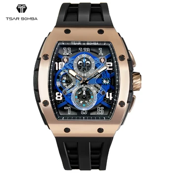A TSAR BOMBA Chegada Nova Mens Watch Safira pulseira de Borracha Cronógrafo de quartzo de 5 ATM Impermeável relógio de Pulso de Luxo para Homem