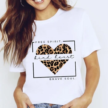 Mulheres Gráfico Leopard Coração de Amor a Impressão de Verão de 90 Manga Curta Senhora Kawaii Férias Tops Tees de Impressão Desgaste Camiseta T-Shirt