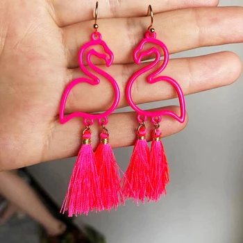 Duas Cabeças de Borla Oco de Rosa cor-de-Rosa Flamingo Brincos de Amizade Presente da Jóia