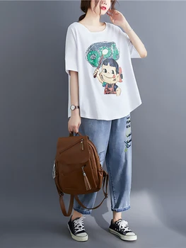 Moda verão feminina T-shirt Branca Cartoon Pop Menina Bonito Impressão de Manga Curta-O-pescoço 