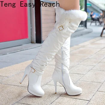 Moda Branca Sobre O Joelho Botas De Mulheres De Salto Alto Sapatos De Senhoras Coxa Botas Altas De Inverno De Peles De Couro Longas Botas Femininas, Tamanho 43
