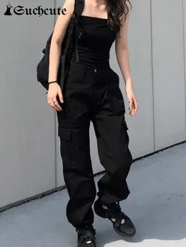 SUCHCUTE Carga Calças para Mulheres de Perna Larga Casual Calça Femme Punk Gótico Feminino Calças de Cintura Alta Harajuku Pantalones Mujer Calça Harém