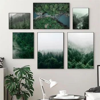 A Green Mountain Árvore De Floresta De Nevoeiro Arte De Parede Moderna Tela De Pintura Para Decoração De Sala De Estar Nórdicos Pôsteres E Impressões De Parede Imagens