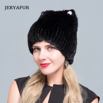 Mulheres de meia idade no inverno: em vison com estampa de pele de mulheres camisola de malha chapéu de moda de nova Europeu e Americano gato estilo de esqui caps