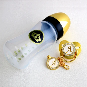 240ml de Ouro mamadeira E Chupeta Conjunto Com a Cadeia de Clipe de 26 Letras Bling Garrafa de Chupeta Kit de BPA Livre