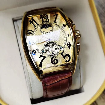 Luxo Ouro Tourbillon Fase da Lua para Ver os Homens pulseira de Couro Relógios de pulso Mecânico Automático Homens Relógio Masculino Nh36 reloj