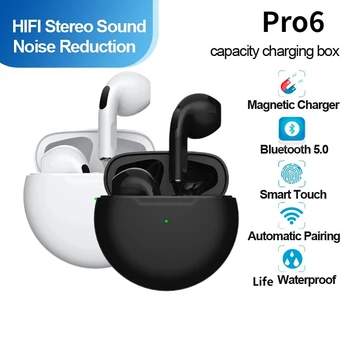 Ar Pro 6 TWS Fones de ouvido sem Fio com Microfone Fone Fones de ouvido Bluetooth Esportes Fones de ouvido para o iPhone da Apple Xiaomi Huawei Pro6 Fone de ouvido