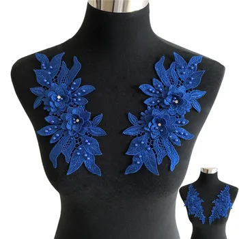 Um par de Azul Royal Flores de Poliéster Oca ABS pérola 3D de Strass, Laço de Tecido para Costurar Top de Laço de Cabelo do Bebê Banda Aplicação