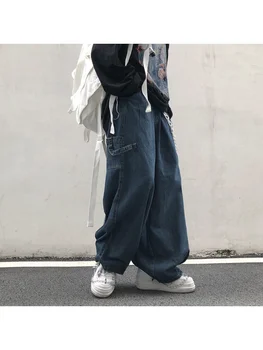 HOUZHOU Japonês Streetwear Oversize Jeans, Calças Cargo das Mulheres Harajuku Solta a Perna Larga Calças Jeans Vintage Retro Moda Unisex