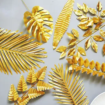 10pcs/set Artificial Ouro Tartaruga Folha Espalhados Cauda de Folha de Seda falsificada Planta Para o Casamento, Festa de Aniversário, Decoração de Folhas de Palmeira