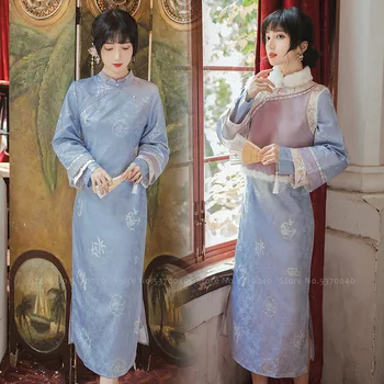 Chinês De Estilo Vintage Cheongsam Mulheres Elegantes Vestidos De Festa Bordados Topos De Colete Retro Tradicional Qipao Vestido De Roupa Oriental