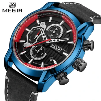 MEGIR Homens Relógio de Marca de Luxo de Moda Azul Homens de Quartzo Relógios do Esporte Casual de Couro Impermeável Cronógrafo Homem Relógio Militar
