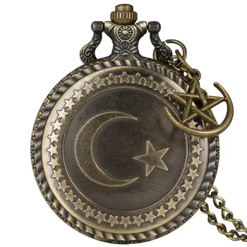Antigos Retrô Bronze Bandeira turca, Design de Lua e Estrela Tema de Quartzo Relógio de Bolso Com Colar de Pingente de Corrente de Relógio para Homens Mulheres