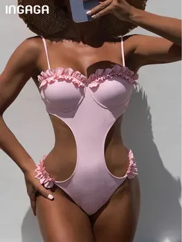 INGAGA Empurre-a para Cima de Um Maiô de Peça Cortada Sexy trajes de Banho Mulheres 2023 Babado roupa de Banho sem encosto Monokini Body Solid Beachwear