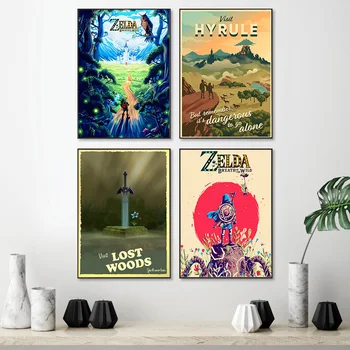 Zelda Viagem Paisagem Cartaz Hyrule Aldeia de Lona da Pintura a Respiração da Parede Selvagem Fotos de Sala de estar Decoração de Casa Moderna