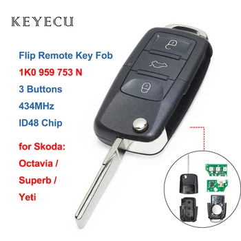Keyecu 1K0 959 753 N Flip Remoto do Carro Fob Chave 3 Botões de 434MHz ID48 Chip para Skoda Octavia Excelente Yeti 1K0959753N