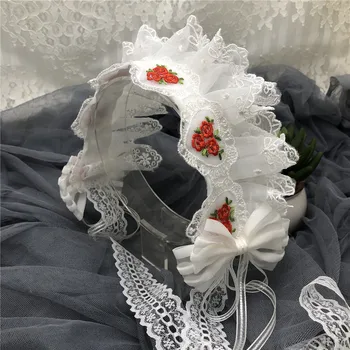 Japonês lolita Branco Bowknot Cabelo aro Lolita cocar de rosas Vermelhas Bordados e acessórios para o Cabelo Handwork Enfeites de Cabelo Cosplay