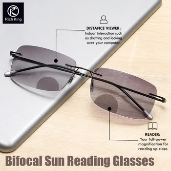 Memória de titânio Bifocal Óculos de Leitura de Sol para Homens e Mulheres Ultra-leve, Anti-azul de luz ao ar livre Presbiopia Óculos 1.0-4.0