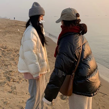Curta para baixo acolchoado jaqueta mulheres 2021 nova versão coreana do selvagem solto perolado stand-up gola de casaco de inverno