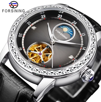 Forsining Moda Diamante Bisel Homens Luxo Laser Preto Dial Design Impermeável Elegante Relógio Mecânico Automático De Couro Genuíno