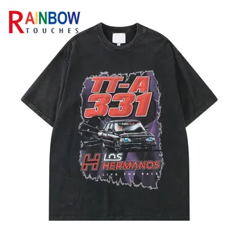 Rainbowtouches Lavado T-Shirt 2022 Vintage Unisex High Street Carta De Padrão De Carro Homens Oversize Moda De Rua De Mens Camisas Gráfico