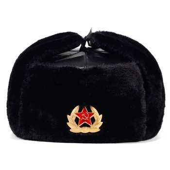 Exército soviético Militar Emblema da Rússia Ushanka Bombardeiro Chapéus-Piloto de Caçador trooper Chapéu de Inverno Falso Pele do Coelho Earflap Homens de Neve Caps