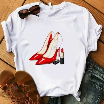 Vermelho de Salto Alto T-Shirt Senhora de Luxo compõem Paris Estilo T-Shirt das Mulheres de Verão Curto Tops Garota Hipster T-shirts