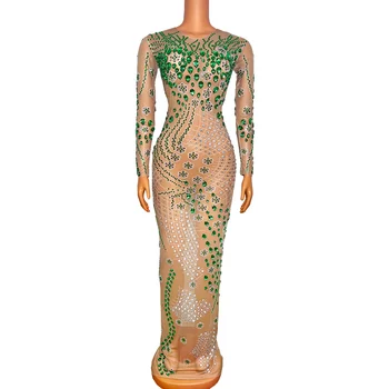 Novo Design Verde Strass Elástico Transparente Longo Vestido De Noite De Aniversário Para Comemorar Malha Roupa De Dança Do Vestido