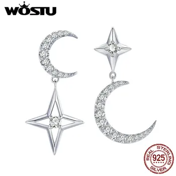 WOSTU 100% 925 Silver Moon & Stars Claro Zircão Brincos Para Mulheres Envolvimento de Moda de Estilo de Jóias de Prata CTE050