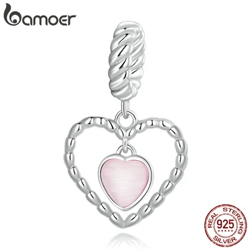 Bamoer 100% 925 Silver Delicada cor-de-Rosa de Pedra Pingente de Coração ajuste para DIY Fazer Pulseira & Pulseira de Mulheres Finas Jóias de Presente