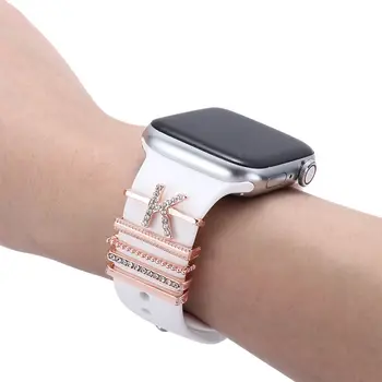 5 pcs Letras Encantos de Metal, Anel Decorativo Para a Apple Faixa de Relógio de Diamante de Enfeite Inteligente Relógio de Pulseira de Silicone Banda Ornamento Unhas