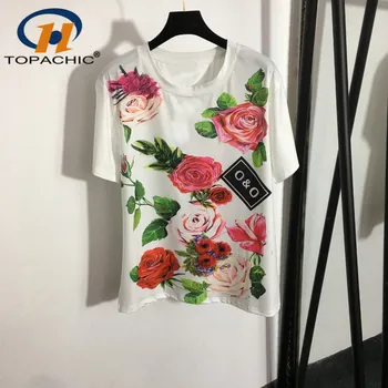 10.12 De Alta Qualidade Novo Rosa Flor Carta De Algodão De Manga Curta Casual T-Shirt Das Mulheres
