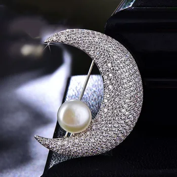 1pcs Branco Cristal de Lua Broche Charme de Ouro, Cor de Prata Jóias de Broches Para as Mulheres Bonito Pérola Pin Vestir Casaco Acessórios