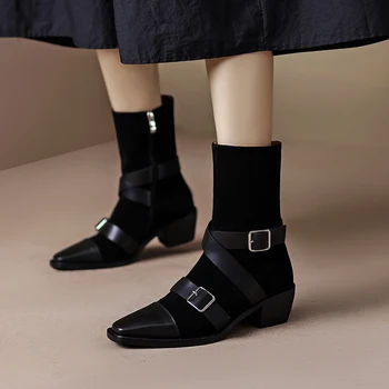 Moda Couro Genuíno Mulheres Ankle Boots 2022 Outono Inverno Med Saltos Bombas Retro Noite de núpcias Clube de Sapatos de Mulher