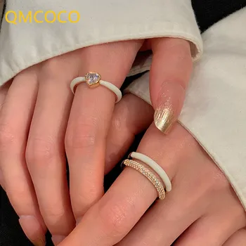 QMCOCO Cor de Prata coreano Requintado Coração Zircão Geométricas Anel Para a Mulher Luxo Duplo Ajustável Índice Anel de Dedo de Festa Presente