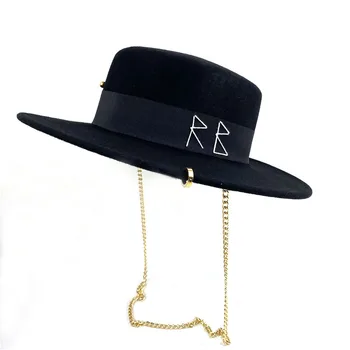 2021 chapéu feminino outono e inverno retro bordado carta corrente de ouro de moda de topo plano chapéu fedora hat selvagem de lã, chapéu alto