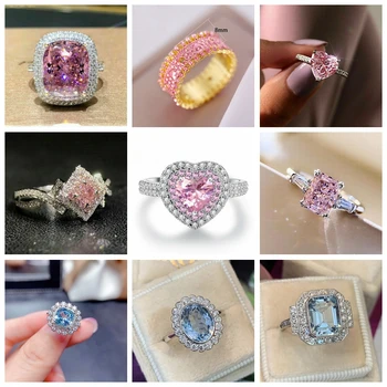 Requintado Liga Vintage Conjunto de Anéis de Princesa Cor-de-Rosa Azul Branco Jóia de Cristal de Aniversário Promessa de Aniversário de Anéis para as Mulheres
