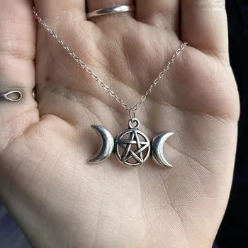 Triplo Lua, Deusa Da Wicca, A Bruxaria Pentagrama Charme Colar Lua Pentagrama Mágico Amuleto Pingente Jóias De Metal De Liga De Jóias