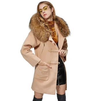 MAOMAOKONG Real natural raccoon gola de pele de lã mistura Feminino casaco de inverno Mulheres casaco Sobretudo 2021 casaco de Lã