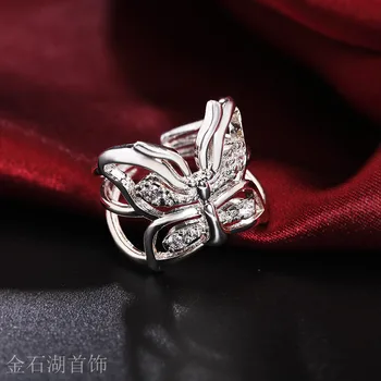 Nova prata Banhado MULHERES senhora bonito festa de casamento quente dom do encanto da forma de cristais ocos borboleta anel estilo doce R035