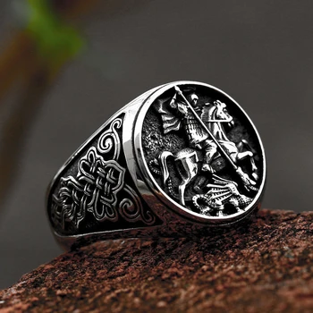 Vintage Paladino Michael Dragão Matando Anel De Aço Inoxidável Viking Nórdico Celta Anéis Para Homens Amuleto Dom Jóias Por Atacado